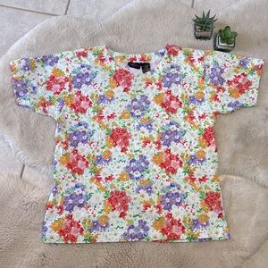 Liz Sport Claiborne Vintage Cotton Multi Color Floral Top T-Shirt Small